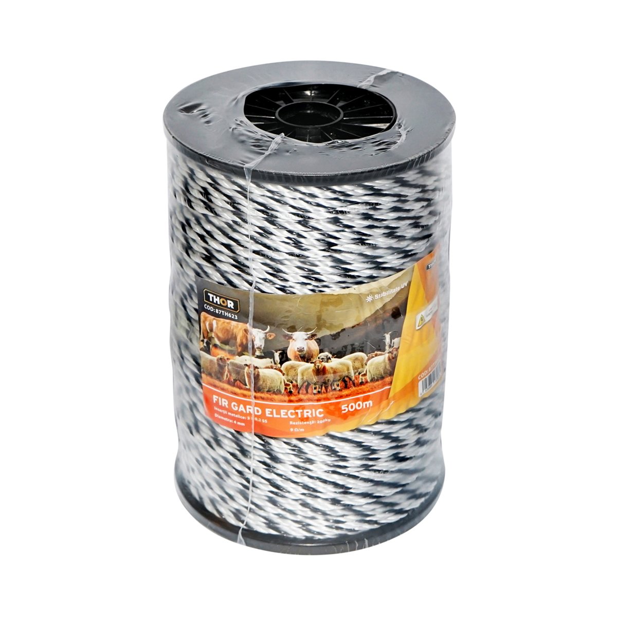 Rola fir alb-negru fi 4mm insertie metalica 3x0.2mm SS, rezistenta 9 Ohm/m, 500m gard electric Thor